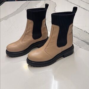 Anthropologie Beige/Black Ankle Booties With Knit Cuff Leather Upper Never Worn